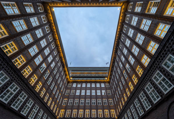 Germany, Hamburg, Downtown, Chile building,  August 17, 2024 - Low angle view of Hamburg Chile building