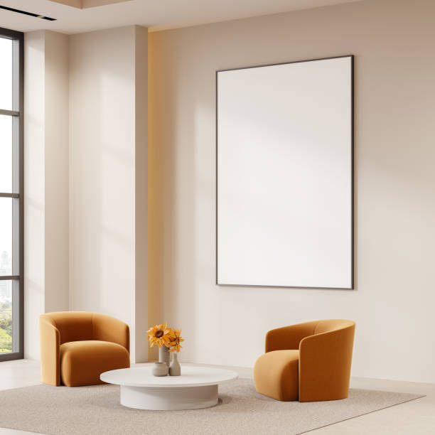 istock Modern interior with blank canvas on wall and stylish armchairs. 3D Rendering 2184122543