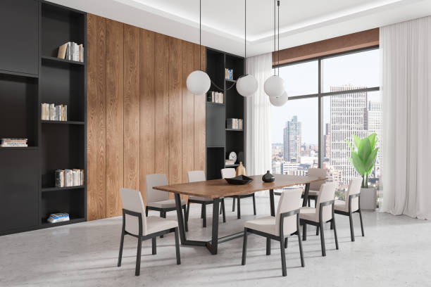 istock Modern living room interior with table and chairs, shelf and panoramic window 2184122892