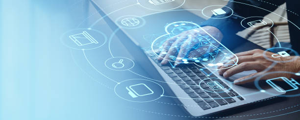 istock Man typing on laptop, cloud service hologram and devices connection hud 2184123121