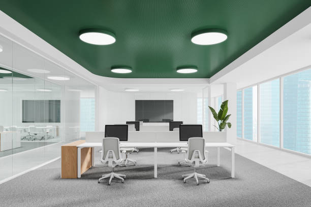 istock Stylish office interior with coworking and meeting room, panoramic window 2184123328