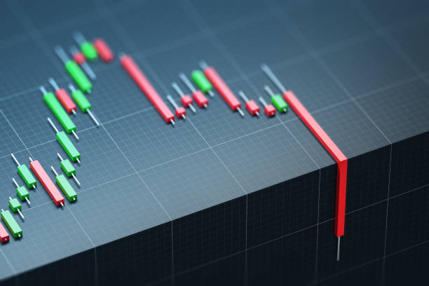 A 3D render depicting a stock market candle chart with green and red candlesticks on a dark grid background, symbolizing financial data analysis. 3D Rendering.