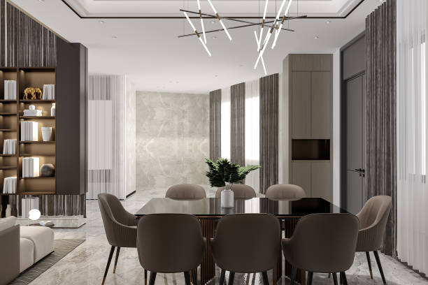 istock Modern Luxury Dining Room with Elegant Minimalist Design and Contemporary Lighting 2184123418