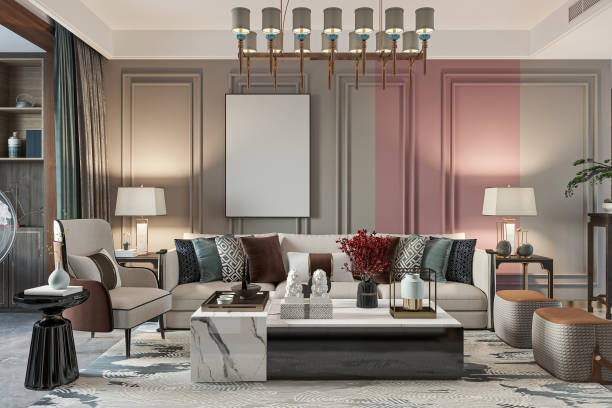 istock Elegant Modern Living Room Interior with Luxurious Decor and Statement Lighting 2184123486