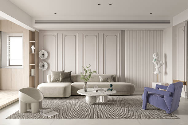 istock Modern Minimalist Living Room with Neutral Tones and Unique Sculptural Decor 2184123596