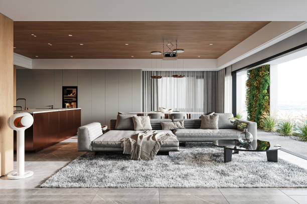 istock Modern Luxury Open-Concept Living Room with Minimalist Sofa and Floor-to-Ceiling Windows 2184123597