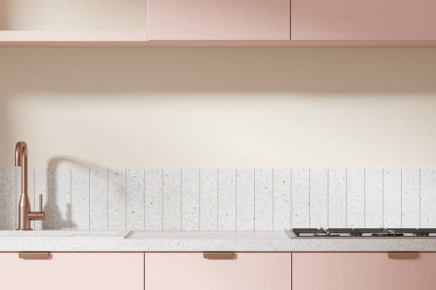 istock Modern Kitchen Interior Design with Pink Cabinets and Stone Countertop. 3D Rendering 2184123649