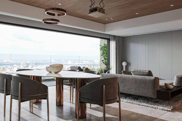 istock Luxury Dining Room with Panoramic City View and Modern Interior Design 2184123672