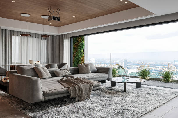 istock Luxury Penthouse Living Room with Panoramic City View and Modern Interior Design 2184123692