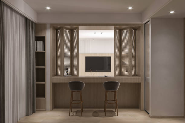 istock Minimalist Home Office with Bar Stools and Wooden Shutters 2184123694