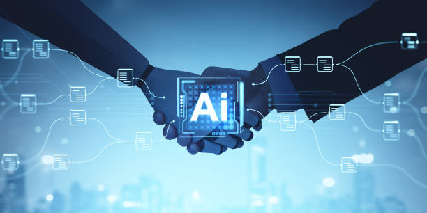istock Man and robot handshake, AI document management system hologram hud 2184123695