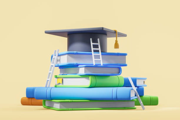 istock Stack of colorful books with graduation cap and ladders. 3D Rendering 2184124078