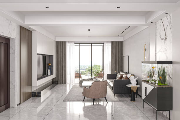 istock Luxury Living Room with Modern Interior, Aquarium, and Balcony View 2184124328