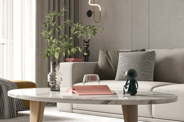 istock Modern Living Room with Stylish Decor and Marble Coffee Table 2184124388