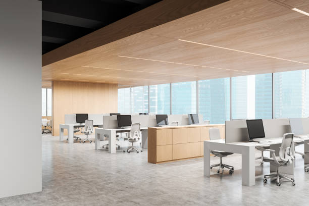 istock Modern office interior with open space concept and city view. 3D Rendering 2184124777