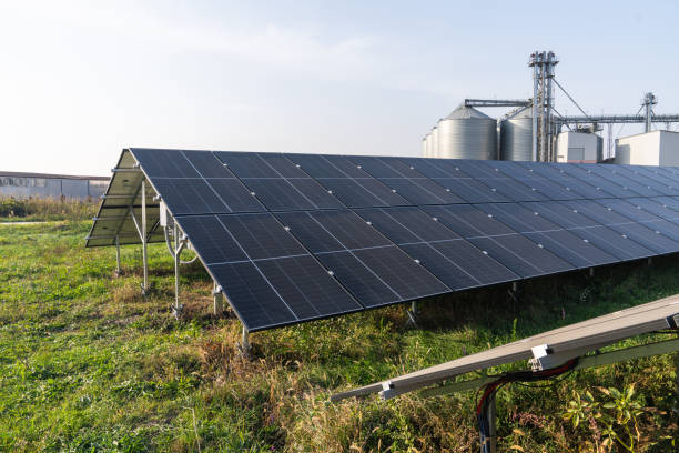 istock Modern farm using renewable energy. Solar panels with silos in the background. 2184124992