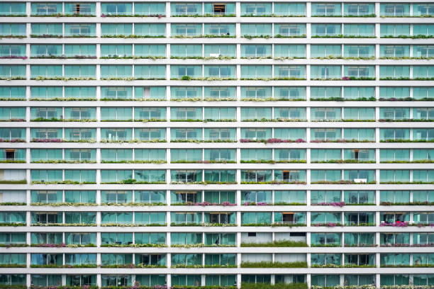 A close-up of the geometric appearance of commercial buildings