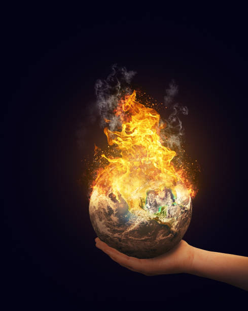 Woman holds a fiery flaming Earth in the palm of her hand. Public domain satellite image from https://www.nasa.gov/multimedia/imagegallery/image_feature_2159.html