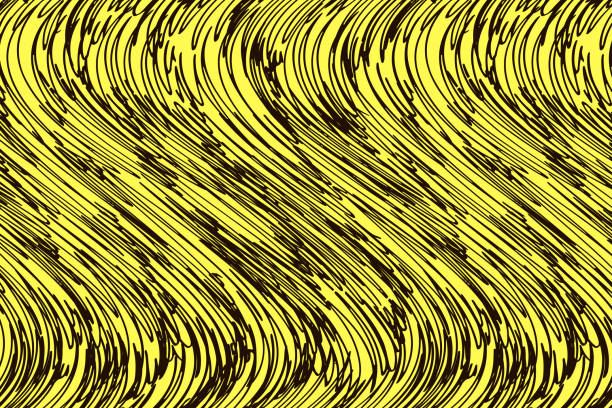 A lively swirl of yellow and brown lines flows gracefully across the vibrant backdrop.