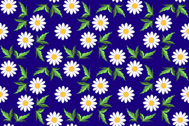 Colorful daisies and lush leaves create a lively pattern on a rich blue backdrop.