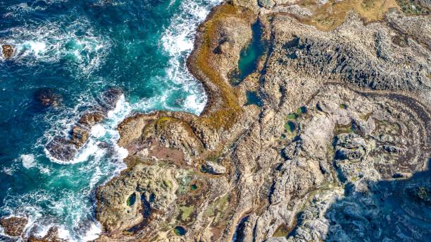 istock Aerial view of rugged coastline and turquoise waves. 2184136028