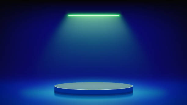 istock Futuristic blue stage with podium. Blue room with round podium pedestal illuminated by green led neon lamp. Background for displaying products, presentation. Backdrop. Vector illustration 2184136033