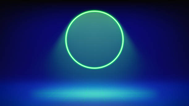 istock Futuristic stage blue background. Room illuminated by circular green neon, modern led halo spotlight, grid floor. Backdrop for displaying products, presentation, advertising. Showcase. Vector 2184136127