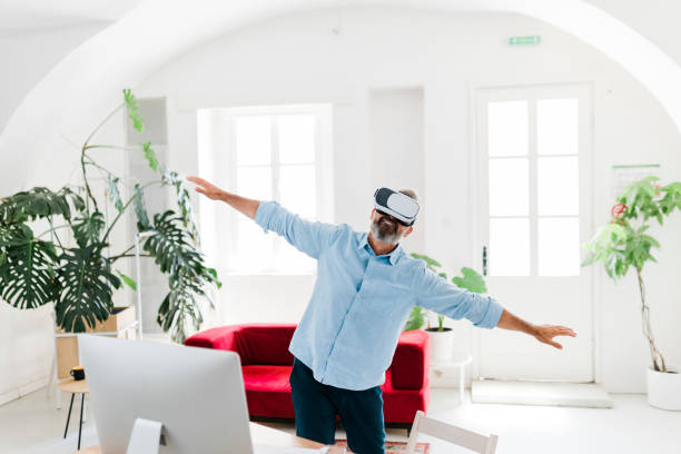 istock Handsome men with glasses of virtual reality. Future gadgets technology concept. Modern imaging 2184139748