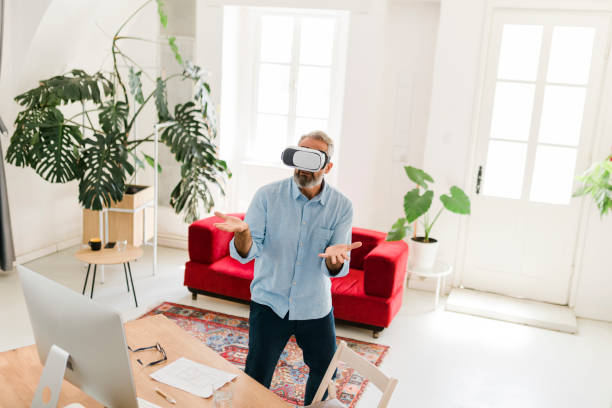 istock Handsome men with glasses of virtual reality. Future gadgets technology concept. Modern imaging 2184139783