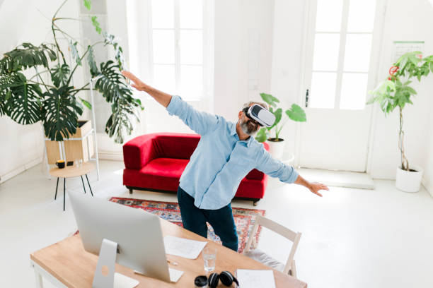 istock Handsome men with glasses of virtual reality. Future gadgets technology concept. Modern imaging 2184140175