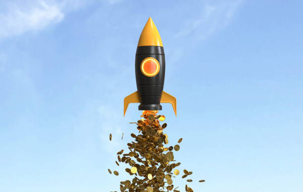 istock Business Startup Concept with Rocket Launch, Rocket launching that releases golden coins. 3D illustration 2184142966