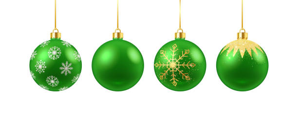 istock Vibrant green baubles with snowflakes realistic icons 2184148398