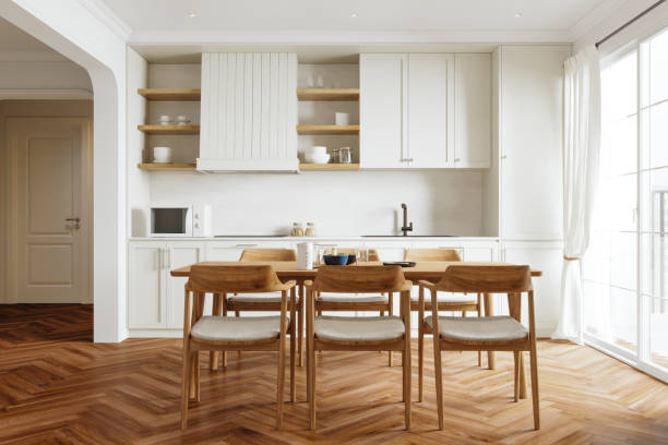 istock Modern Kitchen In Luxury Home With Dining Table And Hardwood Floor 2184151693