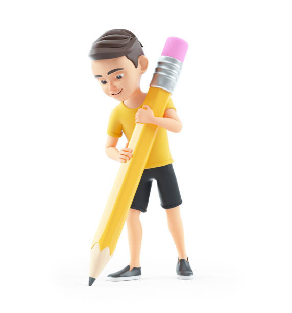 3d boy writing with a giant pencil, illustration isolated on white background