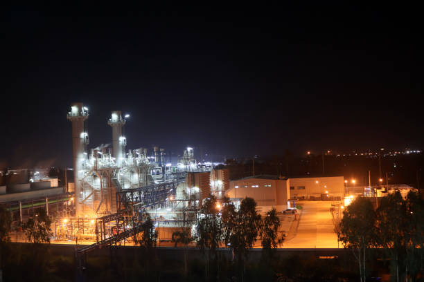 A wide view of an illuminated industrial plant at night with trees in the foreground.