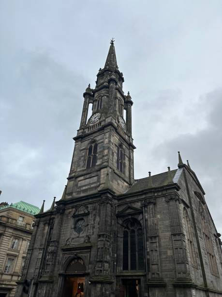 istock Historic church with clock tower in Edinburgh. 2184163223