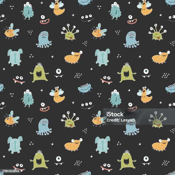 Monster Background Vector Cute Monsters Seamless Pattern Cartoon Monsters Background Vector ...