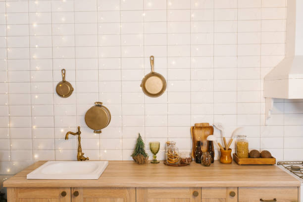 istock Kitchen with sink, stove and countertop with Christmas decor 2184168631