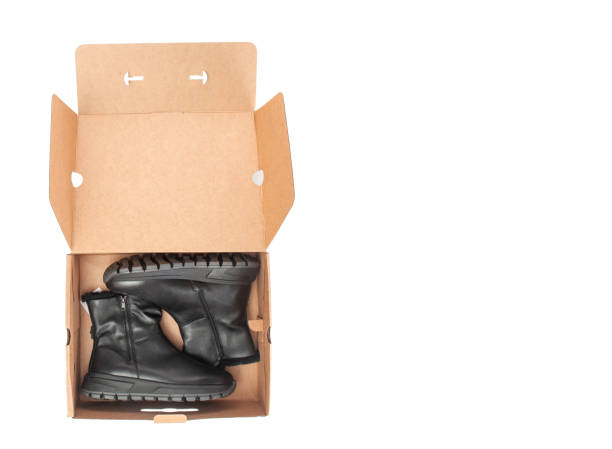 istock Pair winter boots in shoe box on a white background 2184171225