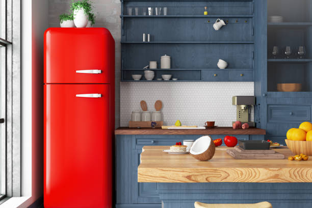 istock Cozy Kitchen with Red Fridge and Foods on the Kitchen Counter 2184173056