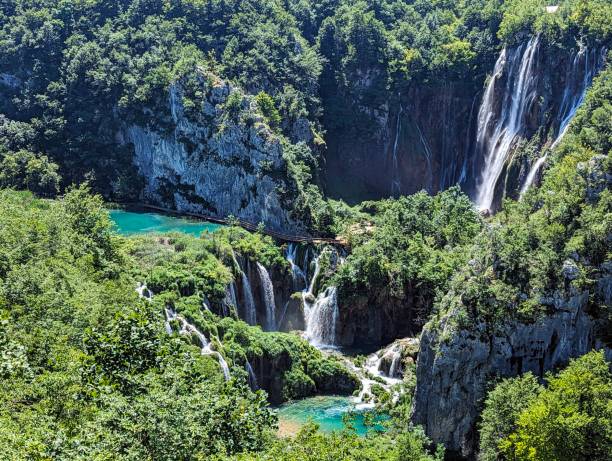 istock Waterfalls, lakes, cliffs, and greenery aerial view in Plitvice Lakes, Croatia 2184173313
