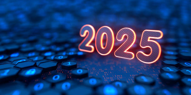 istock 2025 year of digital technology. Happy New Year. Glowing yellow  text and binary code background. 2184174358