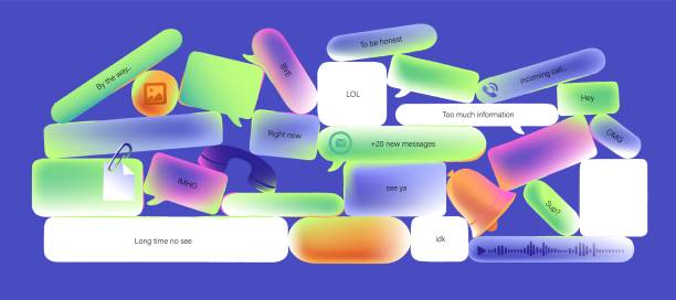 stockillustraties, clipart, cartoons en iconen met concept composition of online communication, conversation. speech bubbles with different shape with phrases of youth slang. chat messages with text in glassmorphism style. flat vector illustration - online messaging