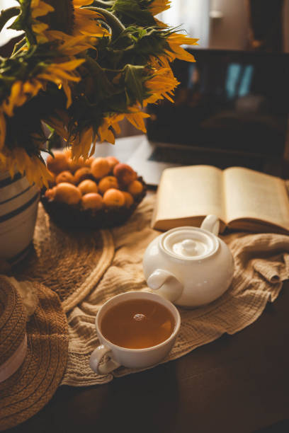 Cup of tea, open book and laptop on the table, evening summer mood
