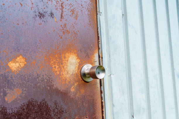 Corrugated wall and rusted door materials.