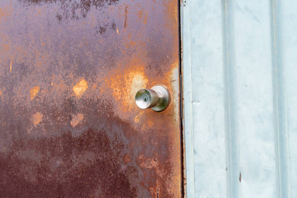 Corrugated wall and rusted door materials.