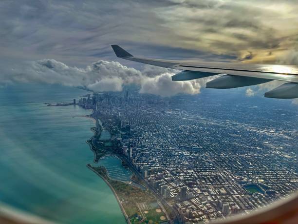 Wide angle view of Chicago from an airplane on a cloudy day