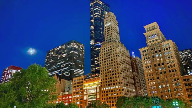 istock Chicago buildings at night and moonlight 2184185870