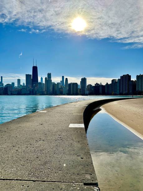 The Skyline of Downtown Chicago and Lake Michigan as viewed from Margaret T. Burroughs Beach along DuSable Lakeshore Drive