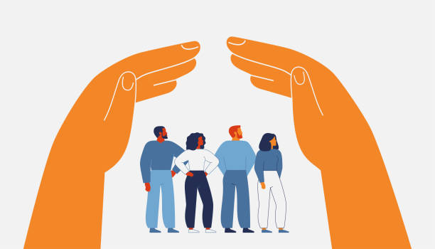 Human hands create secure environment via home roof gesture above men and women. Legal defense, shelter, medical and life insurance for civil people Human hands create secure environment via home roof gesture above people. Two arms protect and care about men and women. Legal defense, shelter, medical and life insurance for civil persons. Vector civil behavior stock illustrations